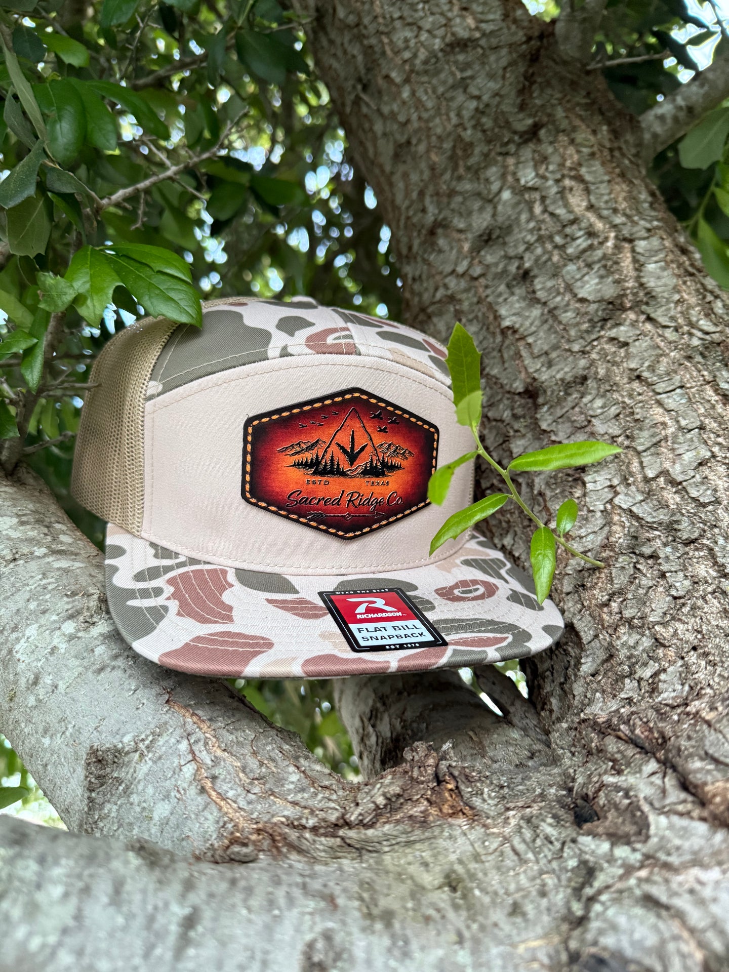 Moss Ridge - Sacred Ridge Co. camo flat bill snapback hat with leather patch