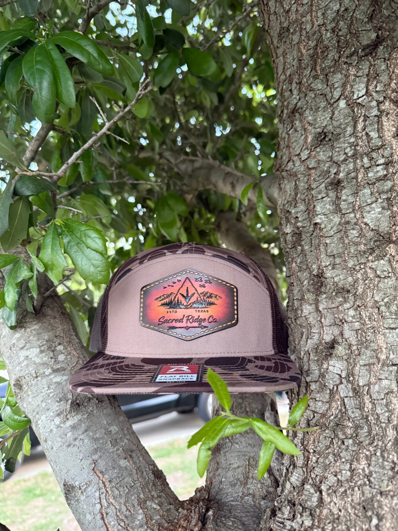 Mud Trail Camo - Sacred Ridge Co. dark camo flat bill snapback hat with leather patch